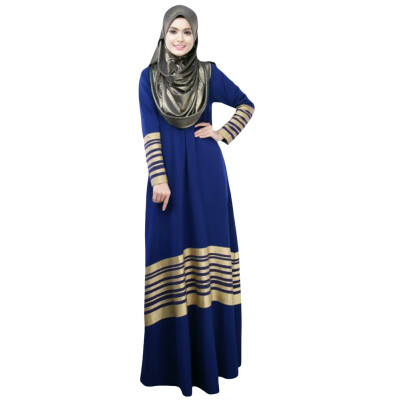 

New Women Muslim Maxi Dress Stripes Zipper Long Sleeves Abaya Kaftan Islamic Robe Long Dress OrangeBlackDark Blue