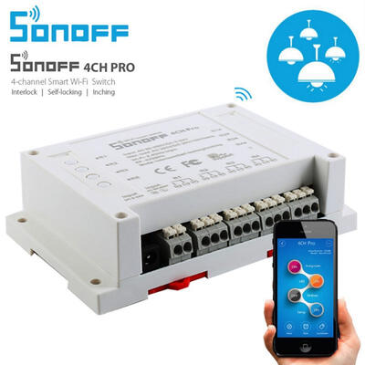 

Sonoff 4CH Pro 4 Channel WiFi RF Smart ONOFF Smart Remote Controll InchingSelf-LockingInterlock Timer DIN Rail Mount