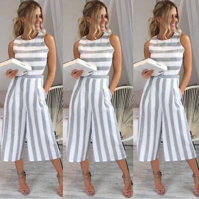 

2018 Women&39s Summer Casual Sleeveless Stripe Jumpsuit Loose Trousers