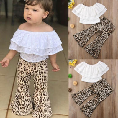 

Kids Baby Girl Clothes Lace TopLeopard Flares Pants Bell Bottoms Outfits Set