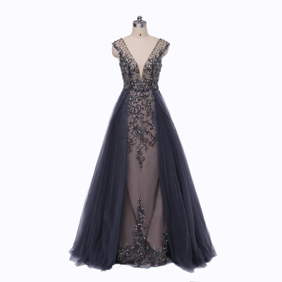 

Hard Beading Navy Blue With Train Evening Dress Long Diamond Crystal Tulle Formal Evening Dress 2018