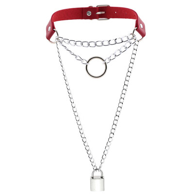 

New Fashion PU Leather Ring Punk Chain Lock Pendant Clavicle Chain Jewelry