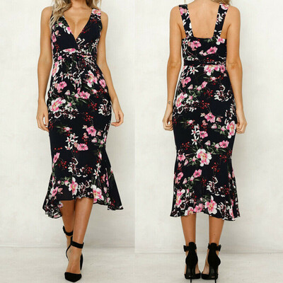 

Women Floral Print Sleeveless Dress Ladies Boho Long Maxi Summer Evening Party