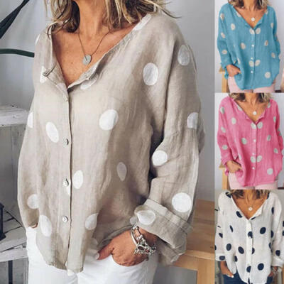 

Women Summer Dots Button Blouse Loose Baggy Tops Tunic T Shirts Plus Size UK