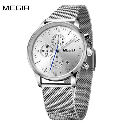 

MEGIR High-end Steel Mesh Watchband Business Man Wristwatch Excellent Quartz Watch With Calendar&Sub-dial