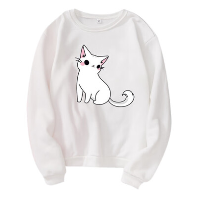 

Women Casual All-match Cartoon Cat Print Autumn Winter Velvet Loose Capless Round Neck Sweatershirt