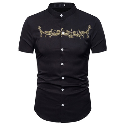 

Tailored Men Hipster Casual Slim Fit Short Sleeve Button Down Shirts Tops with Embroidery