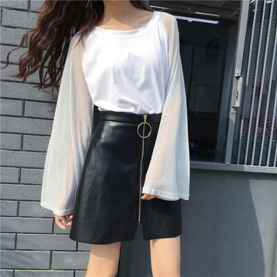 

Patchwork Sequined Long Sleeve T-shirts teenager O-neck Women Tee Shirts Flare Sleeve Casual Sun T-shirt Black White Slim Summer