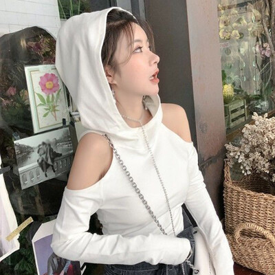 

Women Hoodie Crop Top Ladies Long Sleeve Cold Shoulder Hooded Top Blouse T-shirt