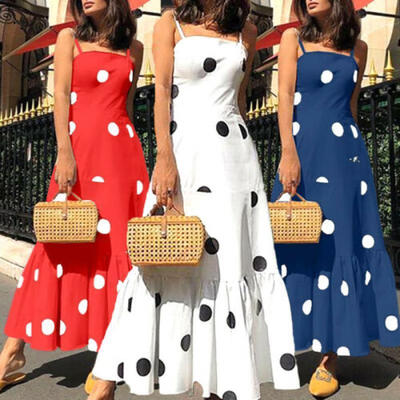 

Women Holiday Strappy Polka Dot Ladies Summer Long Maxi Kaftan Dress Plus Size