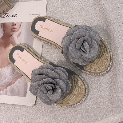 

Korean Flower Slippers Women Wear Thick-soled Sand Slippers Outside of Flat-heeled Flat-soled Anti-skid Fashion in Summer