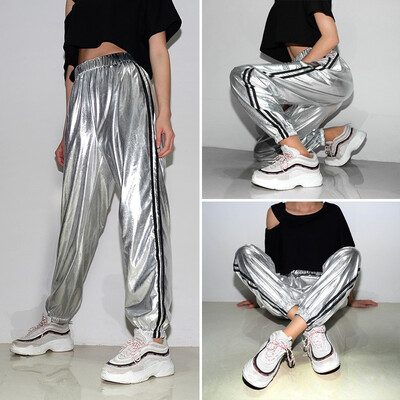 

2018 Fashion Womens Casual High Stretchy Waist Stripes Pants Wet-look Sweatpants