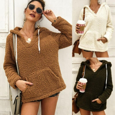 

2019 Women Hooded Sweatshirt Coat Autumn Winter Fleece Wool Pocket Outwear Top Beige Army Green Khaki -XL