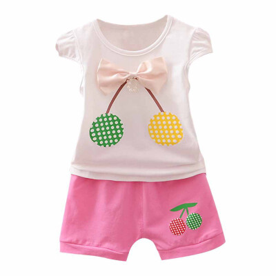 

Summer Baby Girls Clothing Set Fly Sleeve Cherry Print Bow T-shirt TopsShorts Casual Outfits Sets