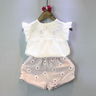 

Toddler Kids Baby Girls Outfits Clothes Lace TopsFloral Pants Shorts 2PCS Set