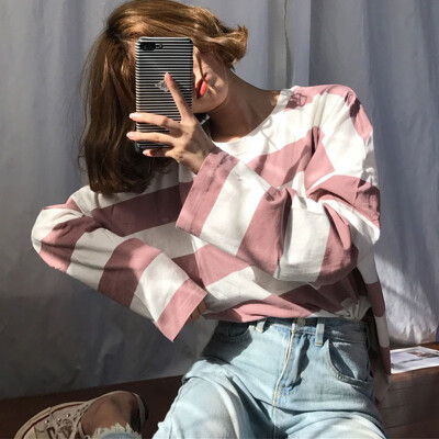 

2019 Spring Women T-Shirt Stripe Printed Loose Base Casual Long Sleeve O-Neck Tees Tops Ladies Girl 3 Colors Tops Tee