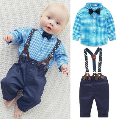 

Newborn Kids Baby Boy Bow Tie Plaid ShirtSuspender Pants Trousers Outfit Set