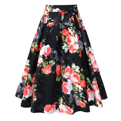 

Roseonmyhand Women Vintage Pleated Skirt Pockets Floral A-line Printed Mid Skirts