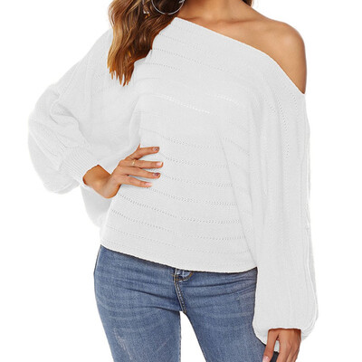 

Autumn Winter Fashion Women Knitted sweaters Sexy One word collar Strapless Shoulder Lantern sleeve Top