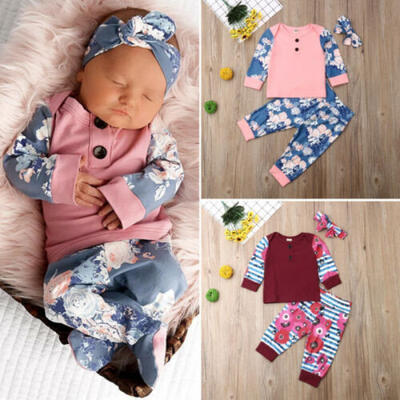 

US Newborn Baby Girls Winter Outfits Clothes Floral TopsLong PantsHeadband Set