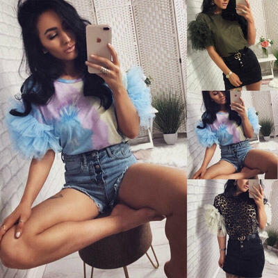 

UK Women Summer Tulle Ruffle Short Sleeve T Shirt Ladies Loose Casual Blouse Top