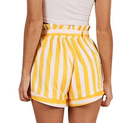 

Vintage Women Loose Shorts Stripe Print Elastic Waist Self-tie Bandage Pockets Wide Leg Summer Casual Short Yellow