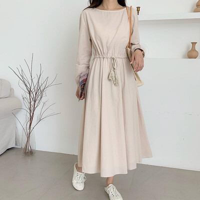 

Tailored Women Casual Solid Round Neck Dress Long Sleeve Beam Waist Big Swing Dress