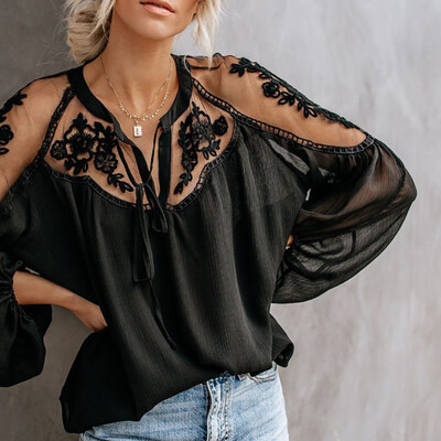 

Womens V-Neck Casual Lace Mesh Stitching Long Sleeve Perspective Ruched Blouse