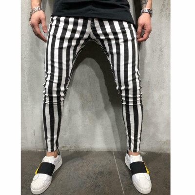 

Mens Summer Fashion Slim Comfortable Striped Plaid Black White Casual Pants