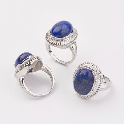 

Natural Lapis Lazuli Finger Rings with Alloy Ring Finding Paltinum Oval Size 8 18mm