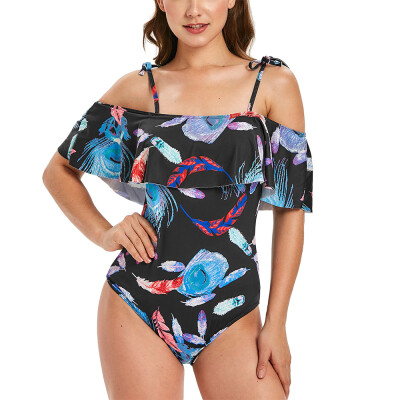 

Cold Shoulder Ruffled Feather Print One-piece Swimwear