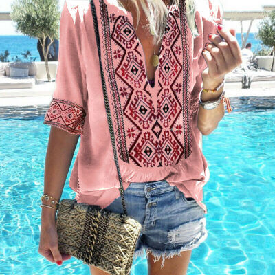 

Summer Women T-Shirt Boho Print Tee Deep V-Neck Long Sleeve Shirts Top Blouse