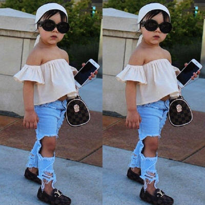

Toddler Kids Baby Girls Off Shoulder Tops Denim Hot Pants Outfits Set Clothes