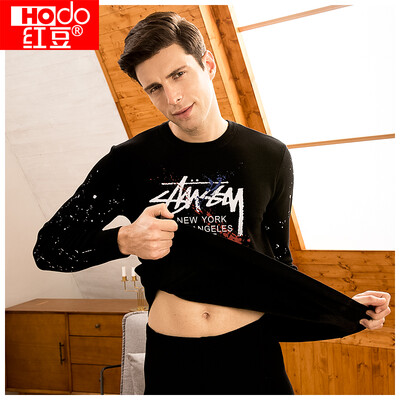 

Red beans 2018 new thermal underwear mens plus velvet thick fashion printing can be worn outside the round neck cold suit 327 black 180105