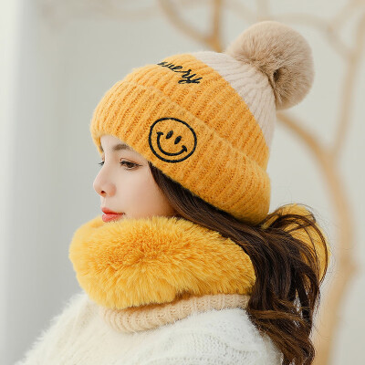 

2019 AutumnWinter Ladies Color Knitted Hairline Hat Neck Set Smiley Letter Warm Sleeve Head Ear Hat