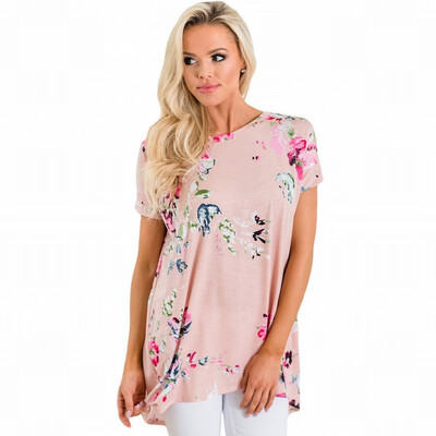 

Round neck short-sleeved floral print short short long casual mid-length loose top