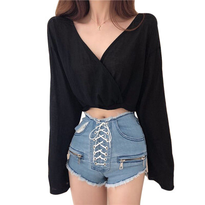 

Women Sexy Deep V Neck Crop Top Loose Backless T Shirt Female Solid Casual Long Sleeve Tshirt Female Clothes