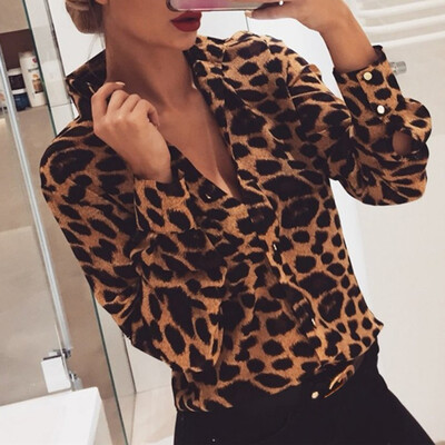 

Women V Neck Plus Size Leopard Print Long Sleeve Loose T Shirt OL Tops Blouse