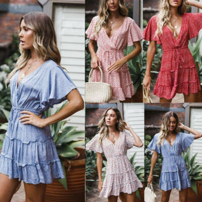 

US Women Short Sleeve Boho Floral Mini Dress V-Neck Party Summer Sundress Beach