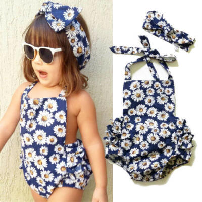 

Newborn Baby Girl Flower Backless Romper Jumpsuit Headband Outfits Clothes joy