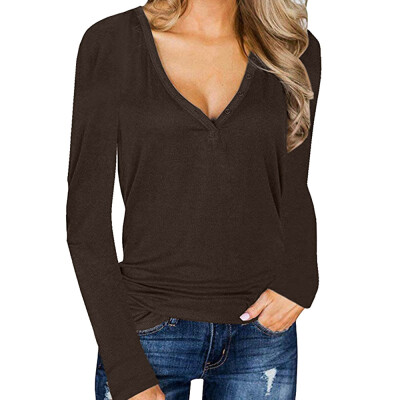 

Nomeni Women Ladies Casual Button Long Sleeve V Neck Blouse T-Shirt Tunic Tops BKL