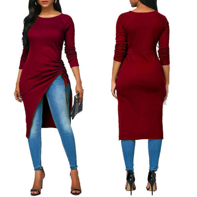 

Women Long Sleeve Casual High Split Tunic Tops Long Maxi Shirt Blouse Tops