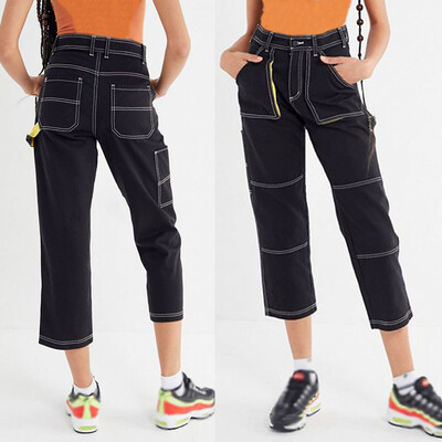 

Gobestart Fashion Womens Pocket Jeans Denim Female Mid Waist Spliced Sexy Straight Pants