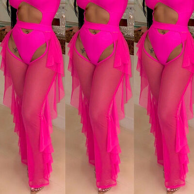 

Womens Sexy High Waist See Through Beach Mesh Sheer Lace Bikini Cover Up Swimwear Casual Flared Leg Ruffle Long Pants Trousers