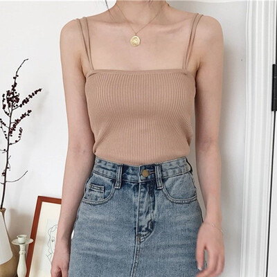 

Womens Sexy Solid Double Spaghetti Straps Knitted Camisole