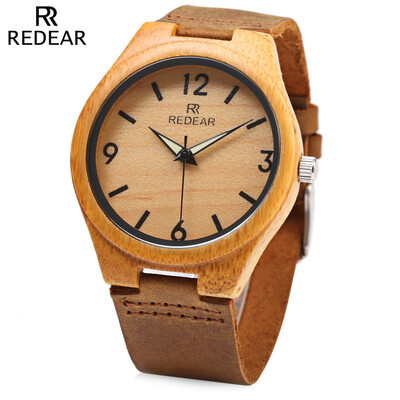 

REDEAR SJ 1448 - 8 Wooden Female Quartz Watch Leather Strap Luminous Pointer Wristwatch