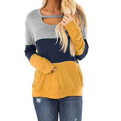 

2019 New Spring Summer Women Fashion Casual Color matching Neckline hollow O-neck Long Sleeve Loose T-shirt