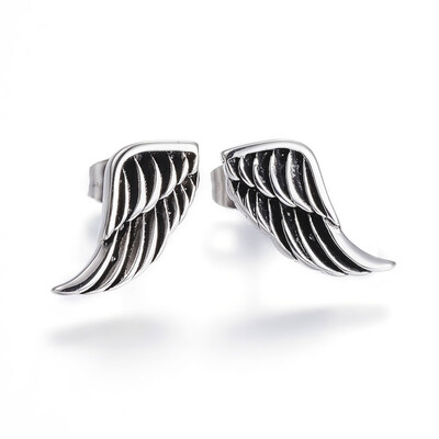 

304 Stainless Steel Ear Studs Wing Antique Silver 14x7x2mm Pin 08mm