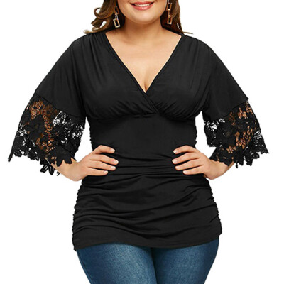 

Roseonmyhand Fashion Women V-Neck Plus Size Half Sleeve Ruched Empire Waist T-shirt Tops