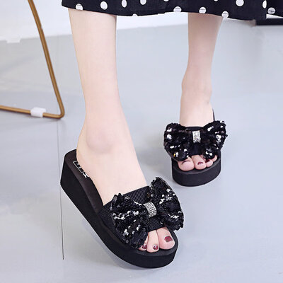 

Summer word slippers slope with water table sequin bow wearing womens sandals Joker stretch cloth
